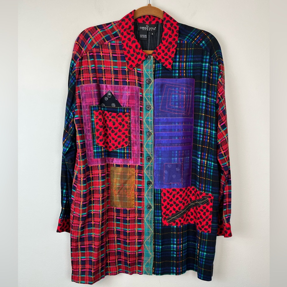 Vintage Carole Little SPORT Patchwork Colorful Button Up Shirt 6 Plaid Cottage